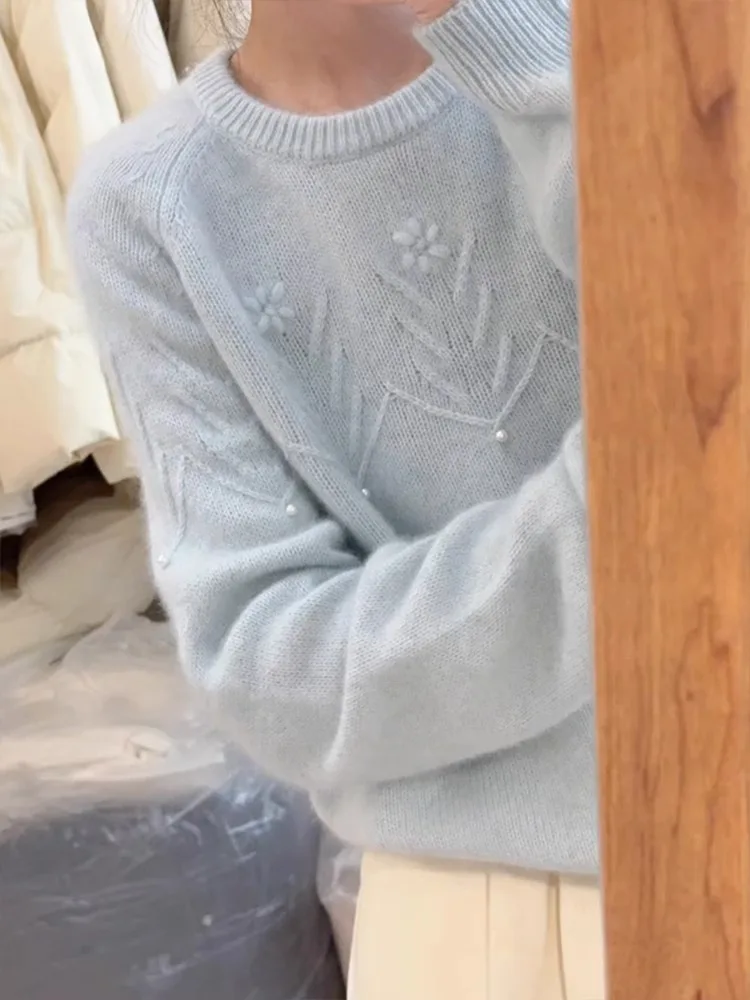 Maglione oversize lavorato a maglia blu morbido da donna Primavera New Sle Lazy Faion rotondo Ne Long Sve Maglieria casual comoda