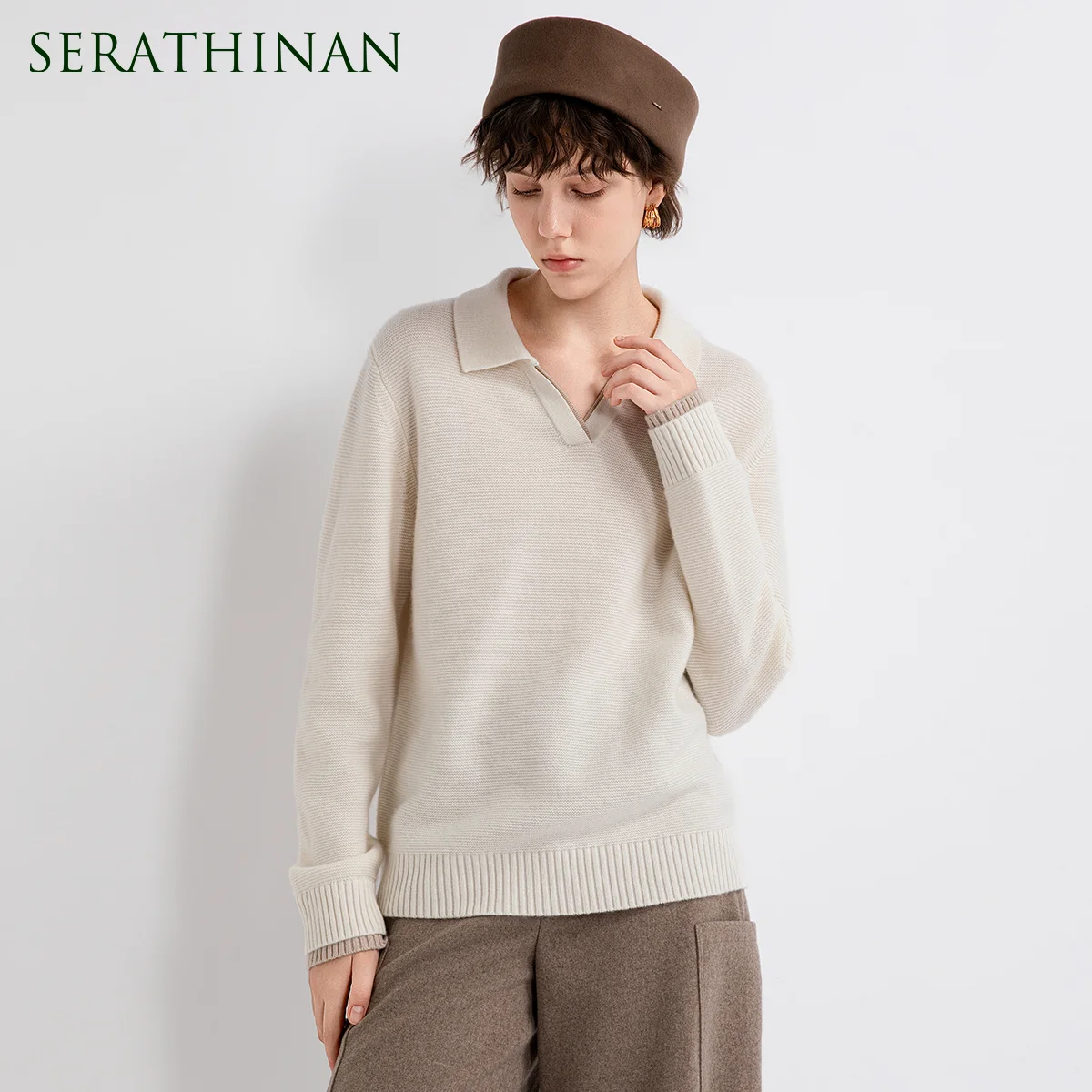 TX862182 Women's Polo Collar Open V Neck Wool Cashmere Blend LP Pullover Sweater Relaxed Fit Quiet Luxury Early Autumn Fall