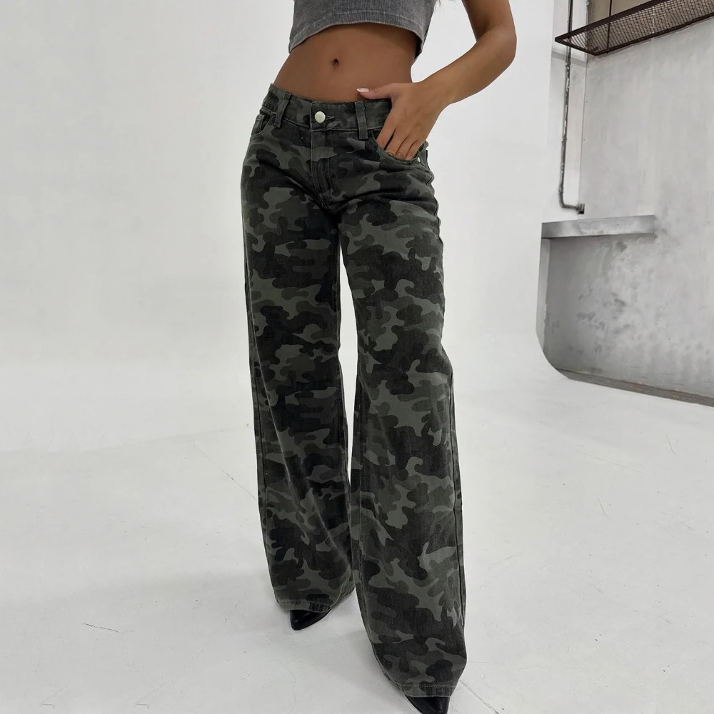 Stsss americano high street camuflagem impressão jeans feminino casual baixo aumento em linha reta perna larga calças jeans outono vintage