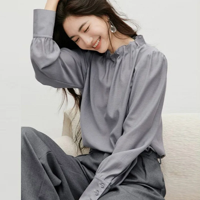 

Винтажные женские блузки, однотонные рубашки, модная свободная летняя корейская одежда, шифоновые женские топы с длинными рукавами и круглым вырезом