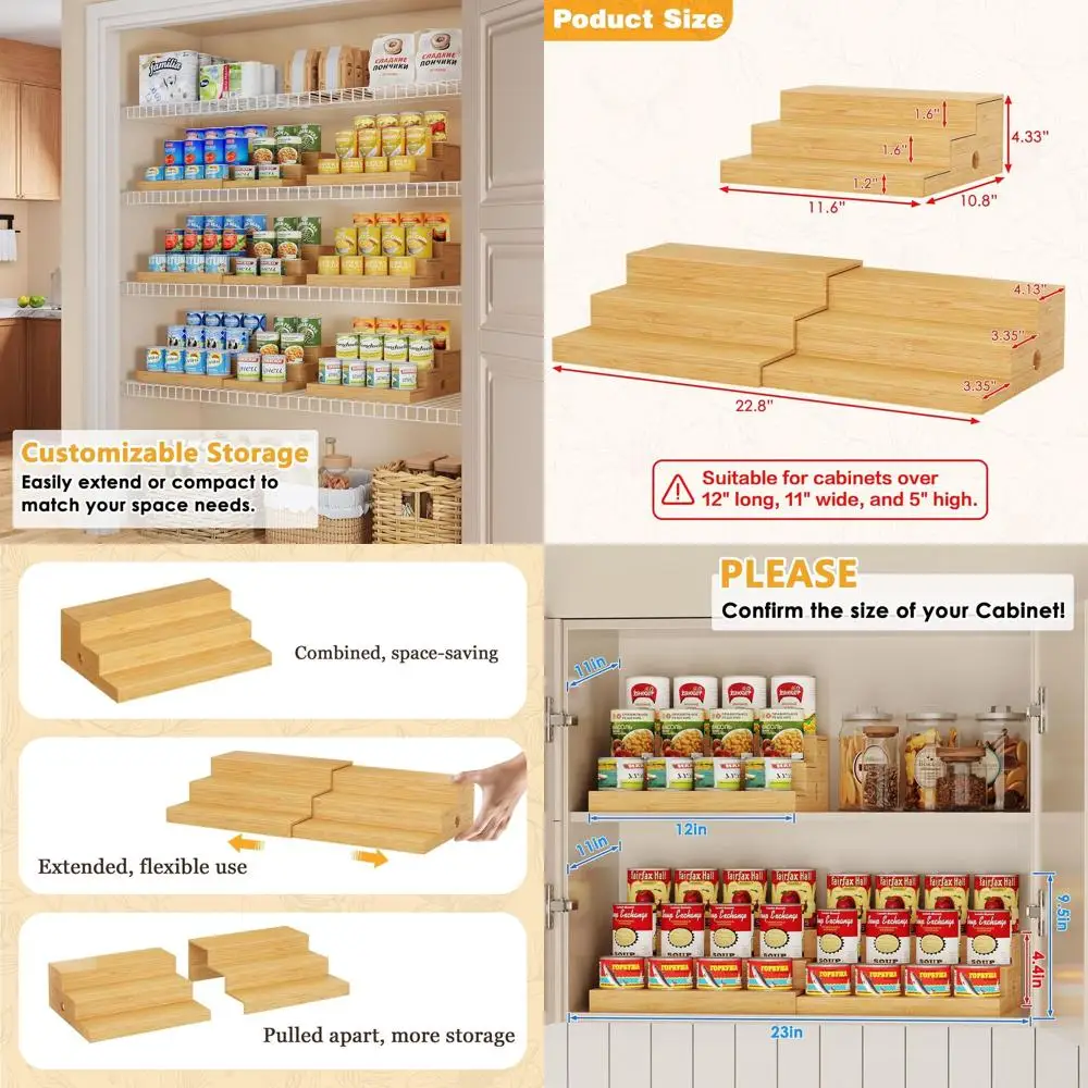

2-Pack Expandable Bamboo Can Rack Organizer or Pantry Display, 3-Tier Adjustable Can Storage Holder, Soda & Canned ood Organizer