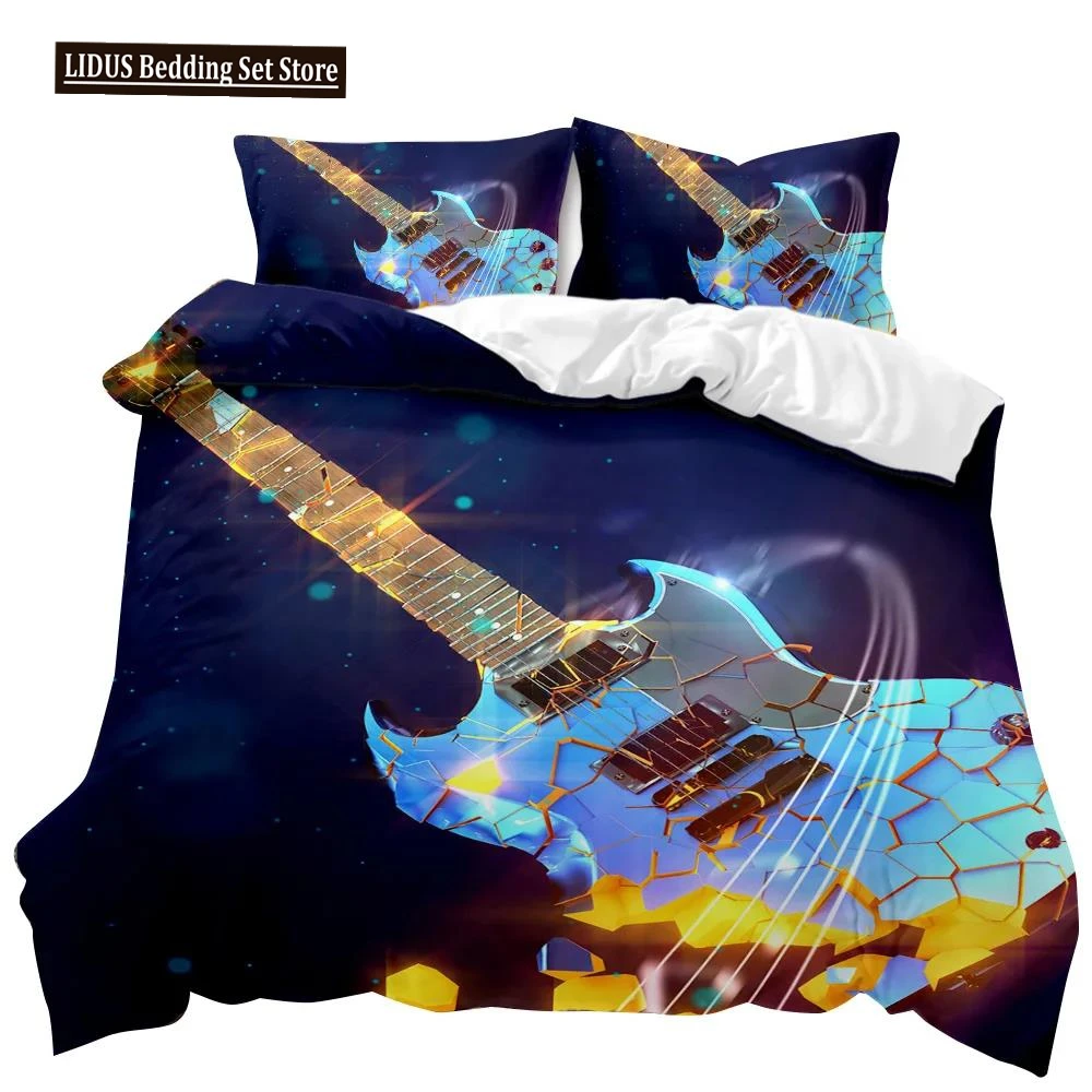 

Guitar Duvet Cover Set Twin Rock Music Comforter Cover Set Hip Hop Hippie Quilt Cover Blue Guitar Polyester Bedding Set For Teen