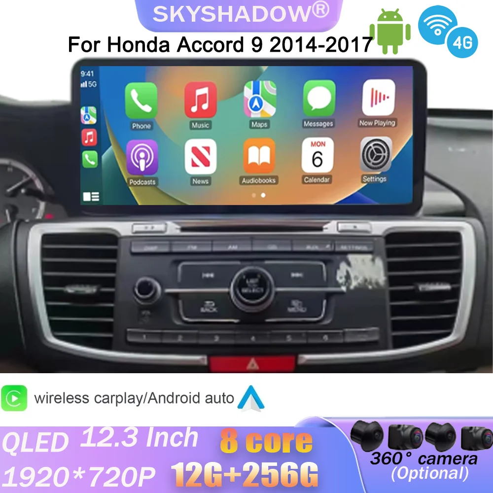 12.3 inch For Honda Accord 9 2014 2015 2016 2017 Car Radio Multimedia Navigation GPS Android 14 BT Wireless CarPlay Touch Screen