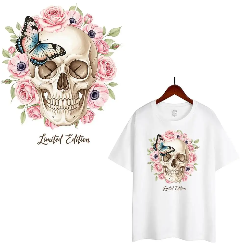 Punk Style Flower Butterfly Skeleton Head Heat Transfer Stickers For Clothes DIY A-Level Washable Shirt Iron-on Thermal Stickers