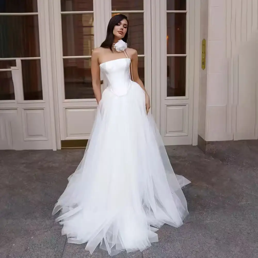 

Customized Sleeveless A-Line Satin Top Tull Skirt Wedding Dress Backless Lace Up Bridal Gown robe de mariée