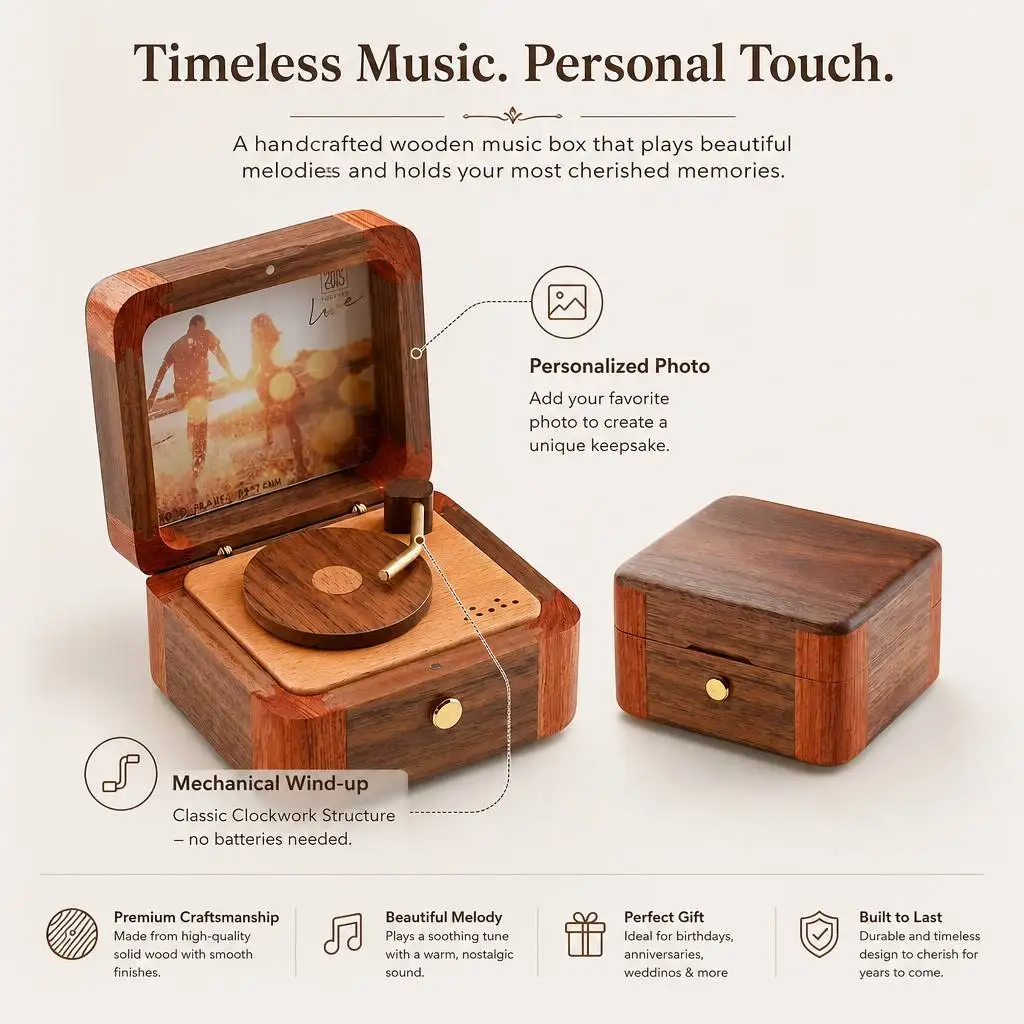 Personalized Photo Wooden Vintage Phonograph Design Musical Box FLY me to the moon Gift for Anniversary Birthday Wedding