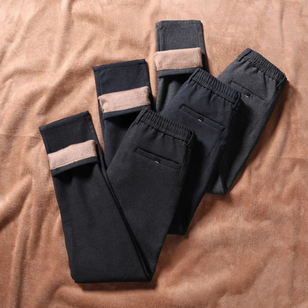 

Winter Fleece Warm Casual Pants Men Brushed Fabric Business Work Fashion Slim Thick Flocking Velvet Cotton Black Trousers Male