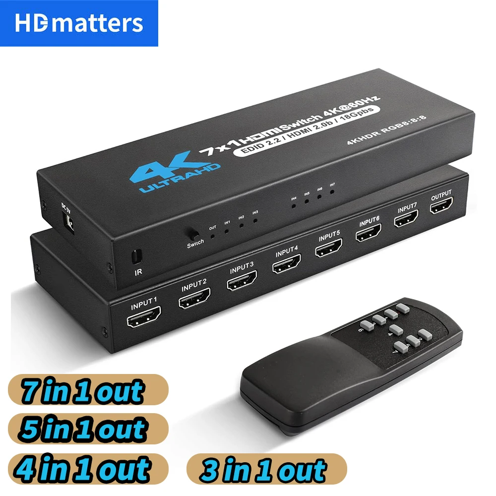 

Переключатель HDMI 2.0 7 в 1 выход 4K 60 Гц Переключатель HDMI 5X1/4X1 HDR Переключатель HDMI 2.0 с дистанционным управлением для PS5 Xbox Series X NS Переключатель ПК 4K HDTV