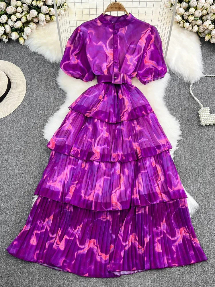 Summer Women Vintage Tie Dye Printed Ruffle Pleated Long Dress Purple/Red/Blue/Green Stand Collar Single Breasted Maxi Robe New