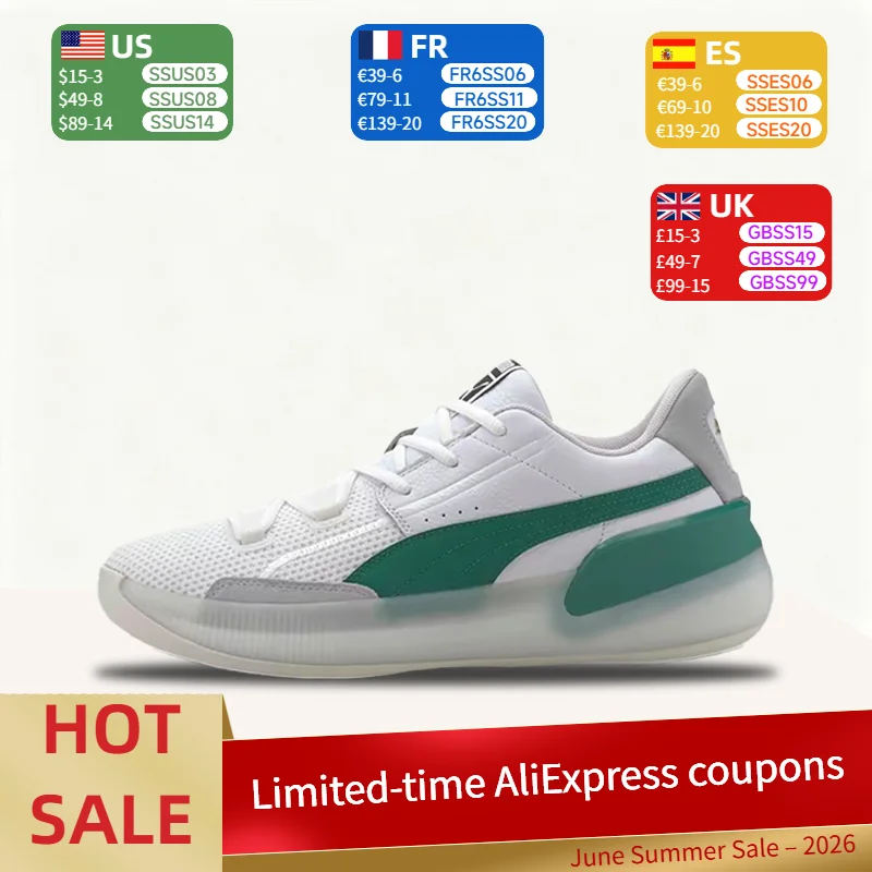 

PUMA Clyde Hardwood Team Round-Toe Lace-Up Breathable Versatile Low-Top Basketball Shoes (Unisex) White/Green 193663-02