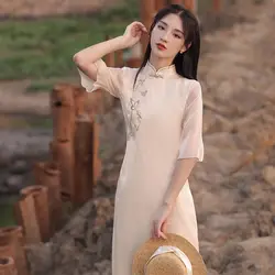 2026 traditional vietnam ao dai dress chinese chiffon cheongsam oriental casual daily stand up collar improved qipao dress a80