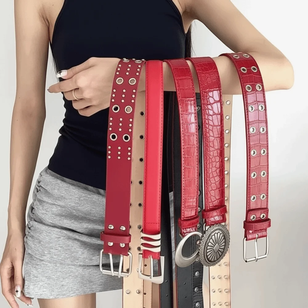 Y2K Leather Women's Red Belt Punk Style Oval Buckle Rivet Belt High Street Crocodile Pattern Jeans Belt Wide Waistband