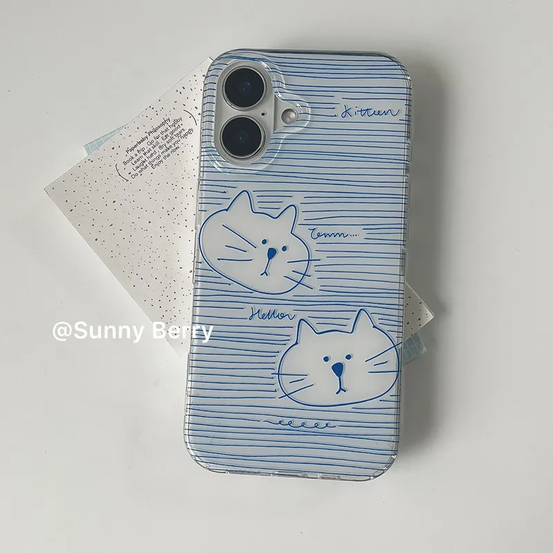 Korean Ins Blue Striped Kitten Cat Y2K Phone Case For iPhone Ultra 18 17 Air 16 15 14 13 12 11 Pro Max Plus Anti-Yellow Cover - view 5