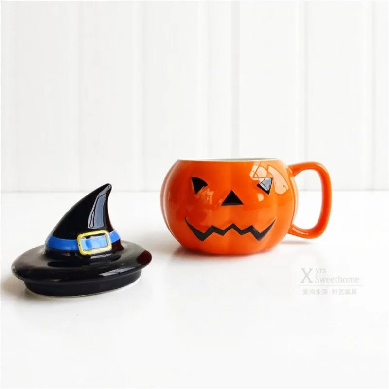 Taza de café con forma de calabaza Imp, Taza de cerámica, taza de desayuno de Halloween con tapa, taza de dibujos animados, decoración de