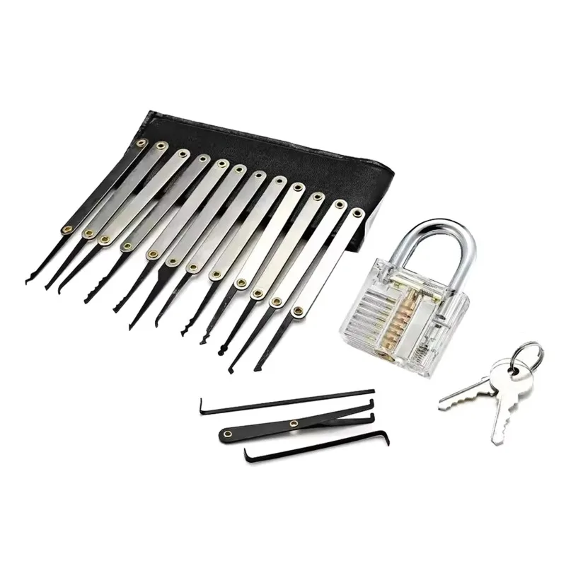 15pcs Unlocking Lock Pick Set Key Extractor Transparent Practice Padlocks Kit Locksmith Pick Training Kit with Transparent Locks