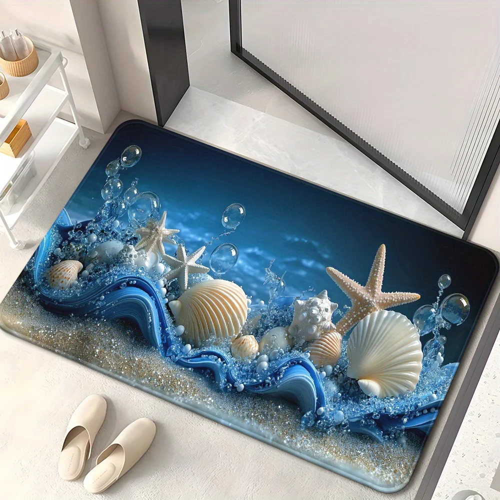 3D Blue Waves Seashells Starfish Bubbles Floor Mat Flannel Rug 3D Printed Carpet Home Decor Bathroom Rug Anti slip Washable