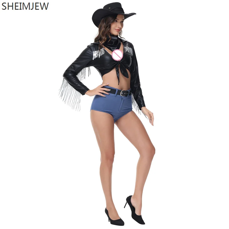 Sexy cantante discoteca Western Cowboy Costume Cosplay Halloween nappa profondo scollo a V in pelle camicia a maniche lunghe pantaloni corti tuta Hottie