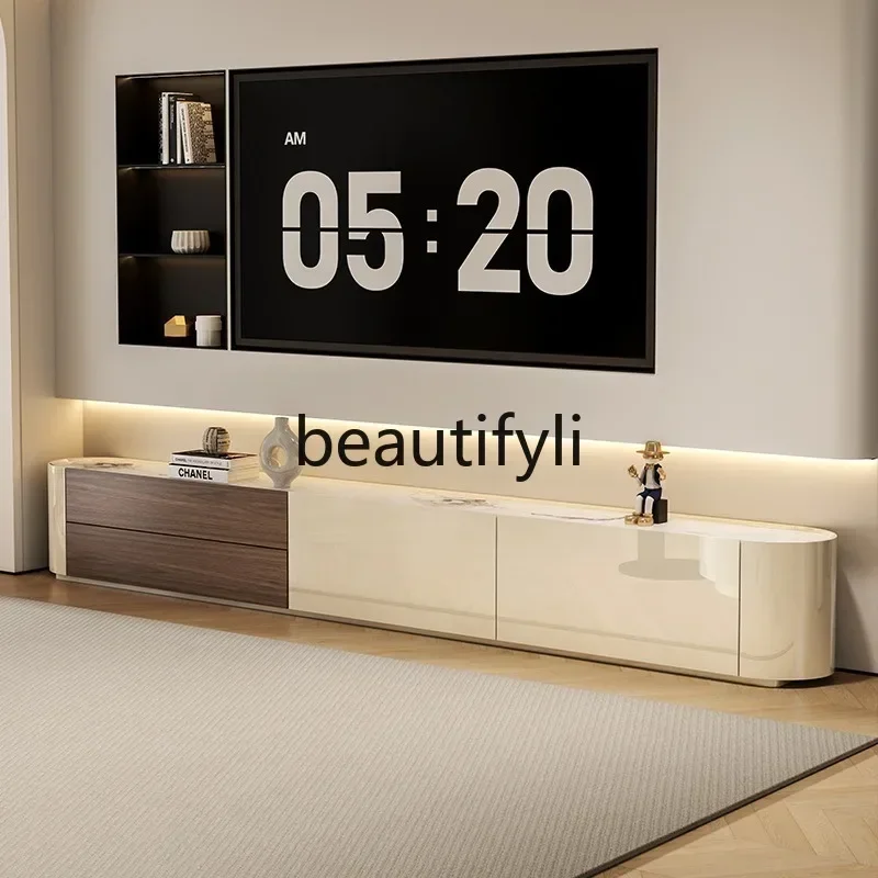 cqy Floor-standing Cream Style TV Cabinet and Coffee Table Set Living Room Storage Cabinet Integrated High-end Feel