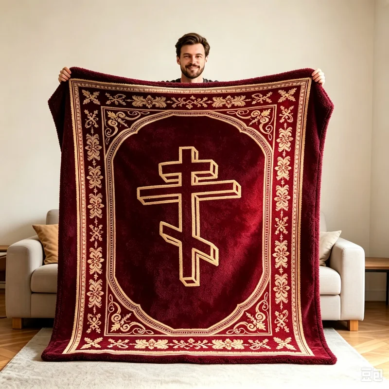 Vintage Orthodox Cross Printed Throw Blanket,Soft Warm Flannel Blanket,Classic Floral Border Decor Cozy Blanket