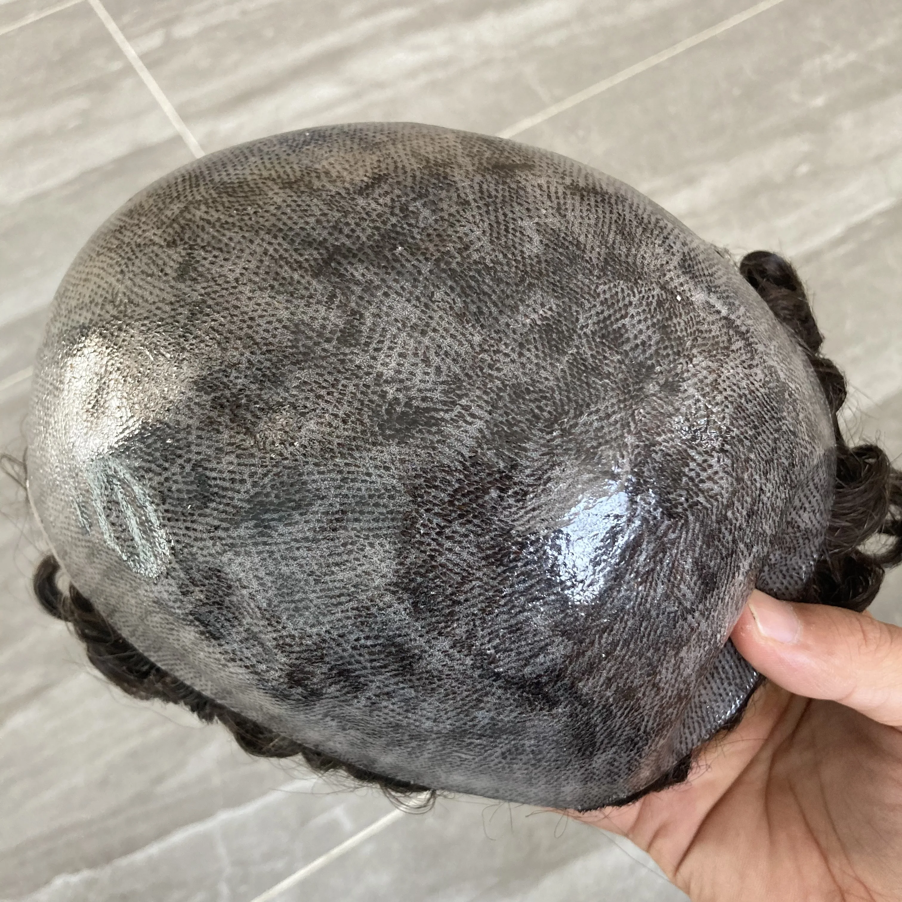 Vollständige Haarbasis für Herren-Toupet, 12 mm Jerry Curly, 1B30, 1B65, grau-schwarze Echthaarperücken, männliches Haarersatzsystem für kahle Männer, Prothese – Detail 2
