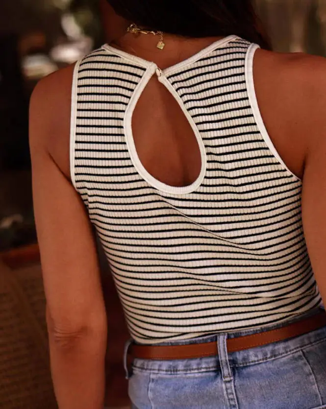 

Women's Top 2026 Summer New Hollow Out Back Ribbed Knit Tank Top Sleeveless Casual Round Neck Slim Fit Striped Cami Top