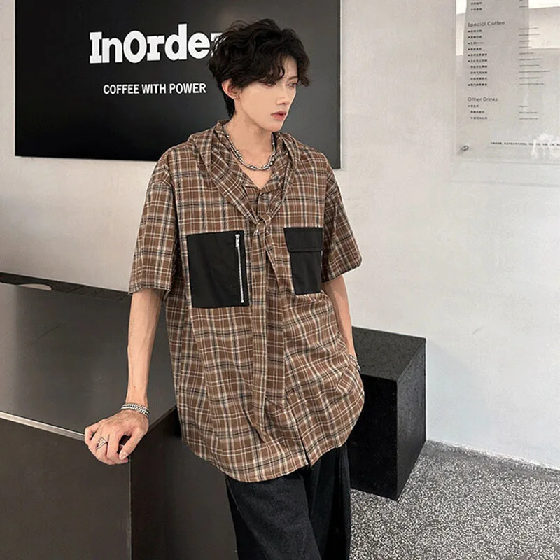 WTHT Fashion Men's Plaid Patchwork Ribbon Contrast Color Casual Shirts Trendy 2025 Summer Hooded Short Sleeves Tops Male 2A1090