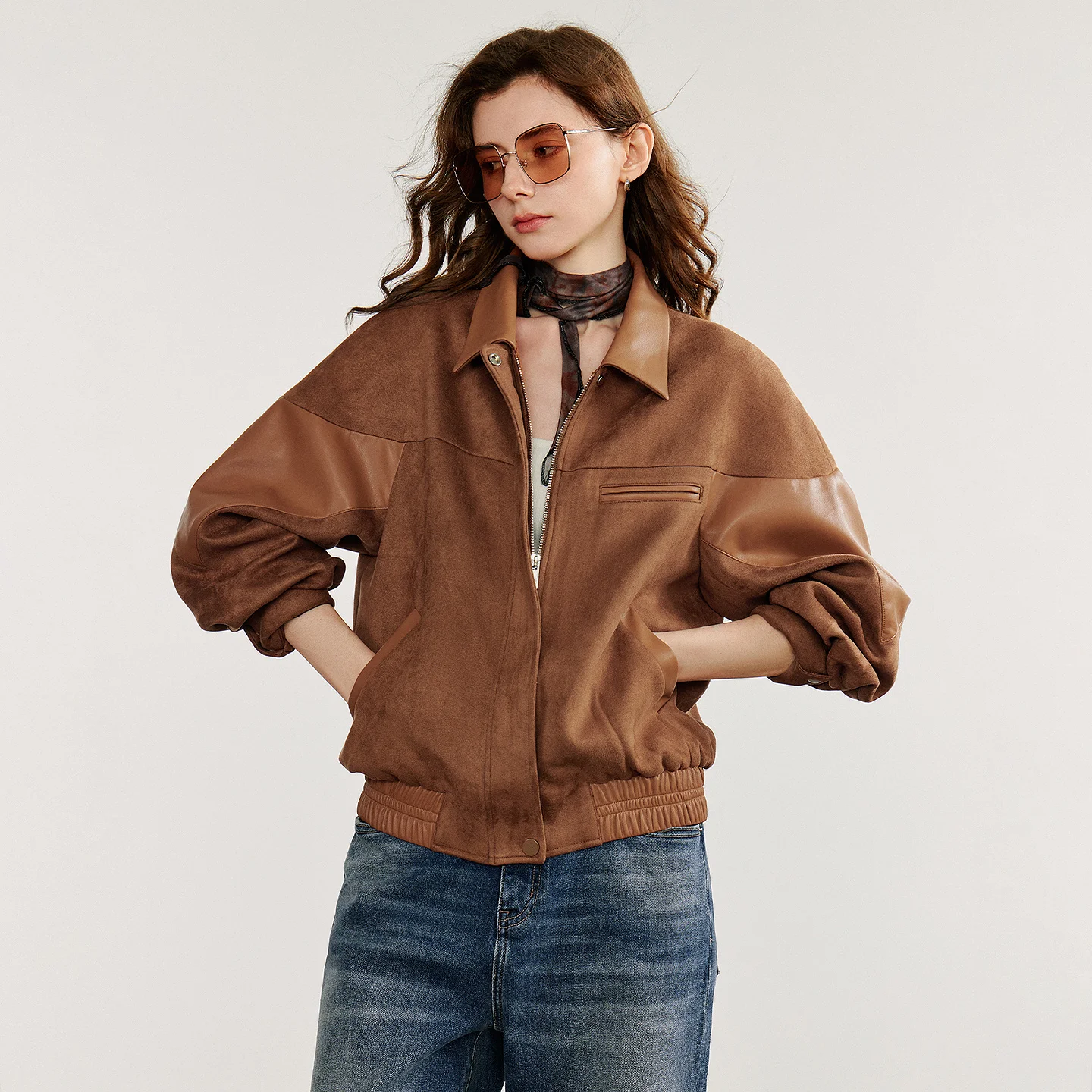 TOYOUTH Damska Kurtka Skórzana 2025 Jesień Nowy Nomadyczny Styl Retro Zamsz PU Skóra Łączona Kurtka Płaszcz