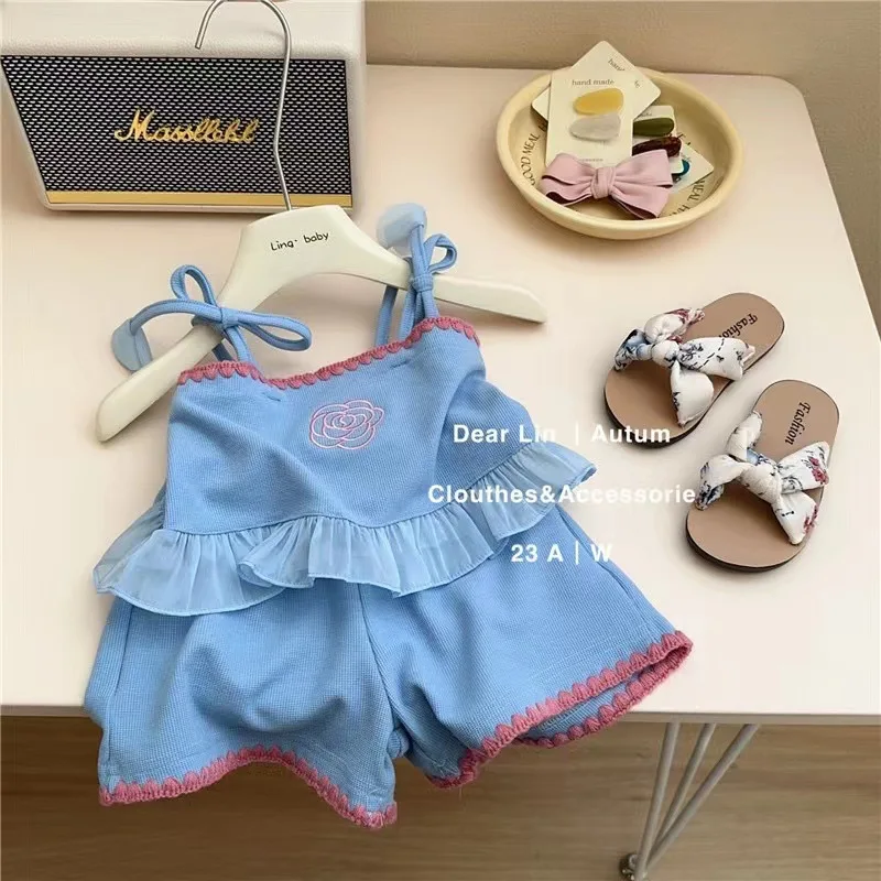 Korea Kids Clothes Girls Cute Embroidered Flower Fashion Summer Suit Baby Girls Princess Sling + Shorts 2-piece Outfit Set