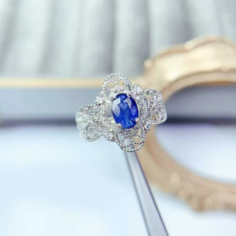 Vintage Skeleton Design 925 Silver Ring Natural Sapphire Ring for Party 5mm*7mm 0.7ct Sapphire Jewelry with Thick Gold Plating