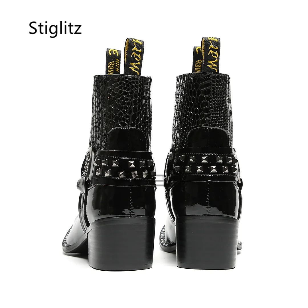 Men's Western High Heels Motorcycle Boots Punk Rivets Iron Pointed Toe Chelsea Boots Genuine Leather Slip-On Black Dress Shoes