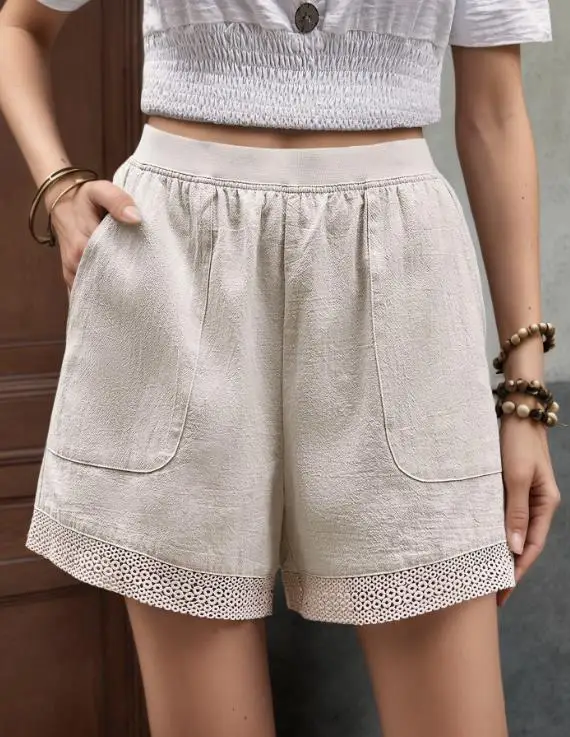 

Artistic Women's Shorts Summer New Retro Style Intellectual Casual Hollow Out Splicing Hem High Waist Straight Tube Loose Shorts