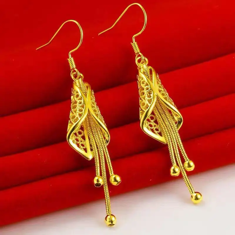 HOYON Pure 24k gold color Curved Hook Women's Stud Earrings for Mother's Wedding jewelry Long Time no Fade Fashion Earrings gift