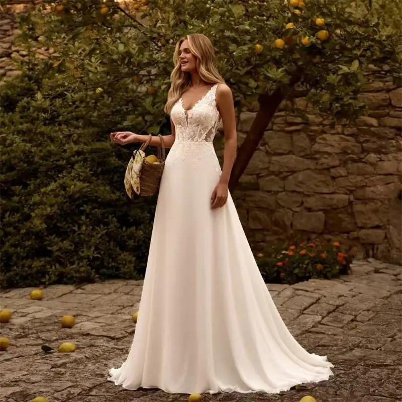 الكتف العميق الخامس الرقبة الدانتيل المطرزة أكمام فستان طويل للخروج فستان الزفاف الخفيف فستان زفاف بسيط مخصص