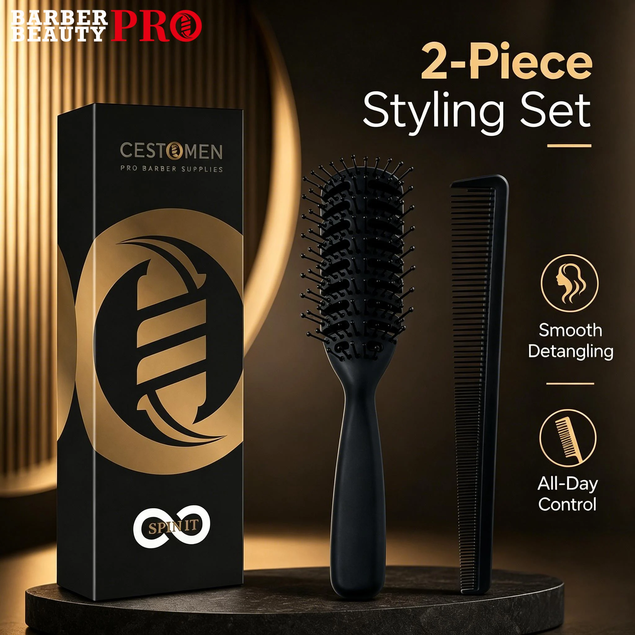 2Pcs Professional Hair Brush & Comb Set - Hollow Vent Detangler Brush + Dual Tooth Taper Comb, for BarberShop Home Use