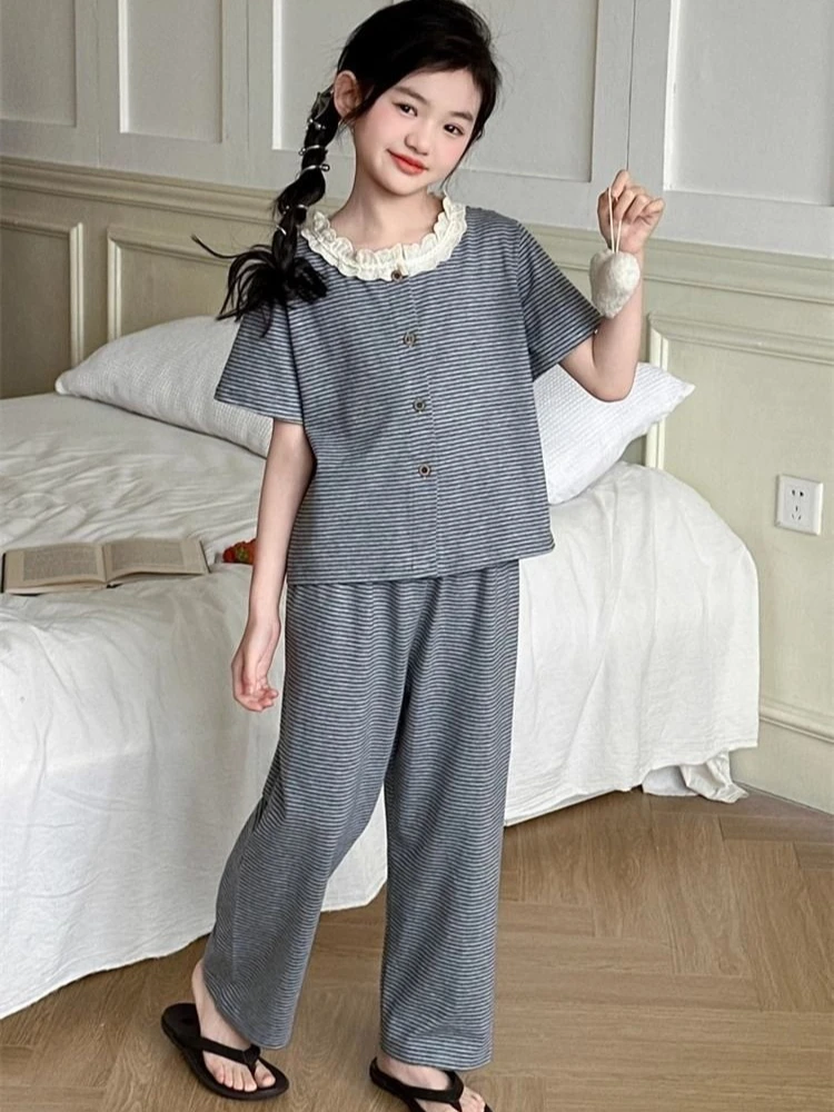 Girls Summer Cardigan Pajama Set Loose Fit Homewear Trendy Outerwear Air Conditioning Clothing