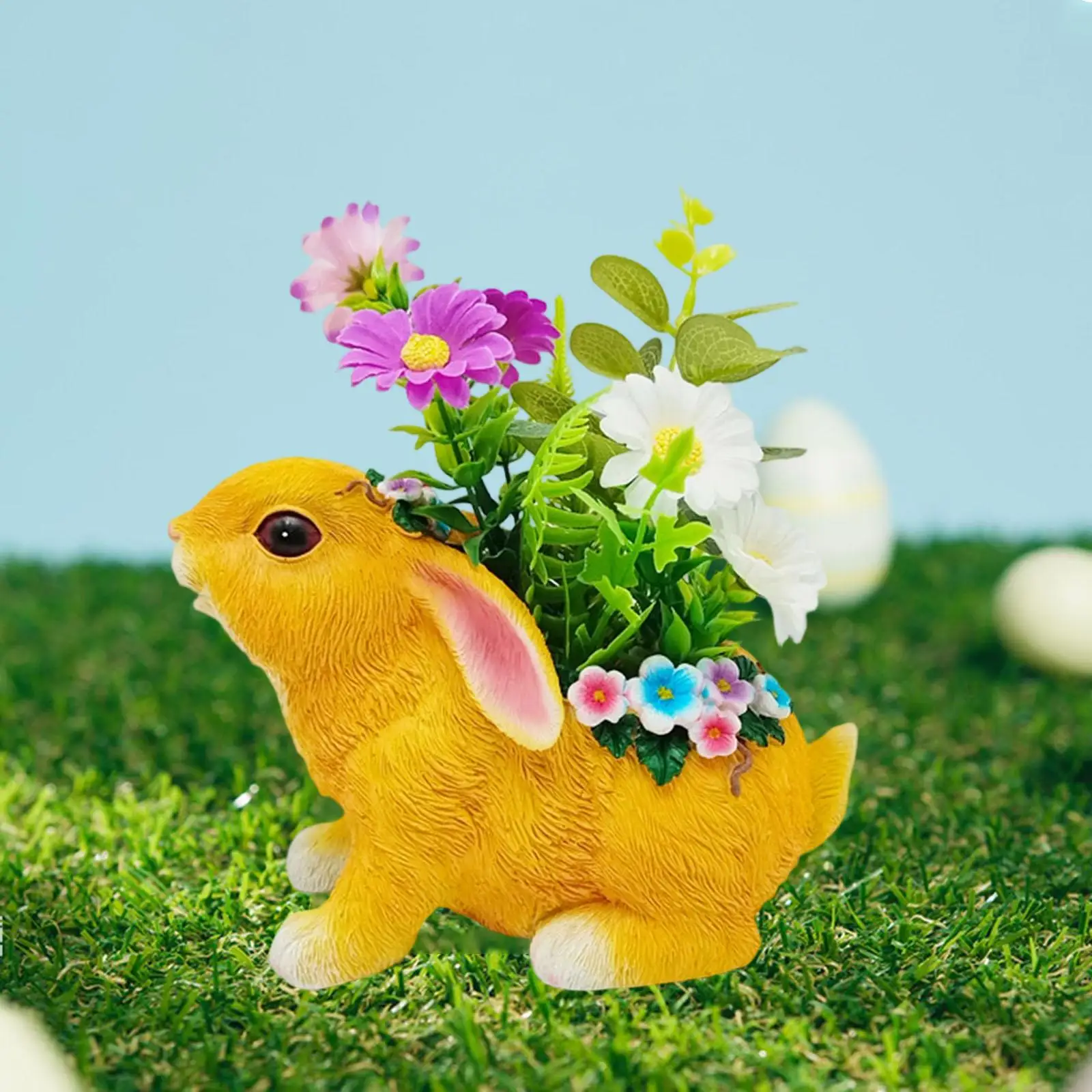 Easter Bunny Figurine Flower Pot Animal Sculpture Resin Decorative Rabbit Statue Easter Gift for Desk Bedroom Living Room