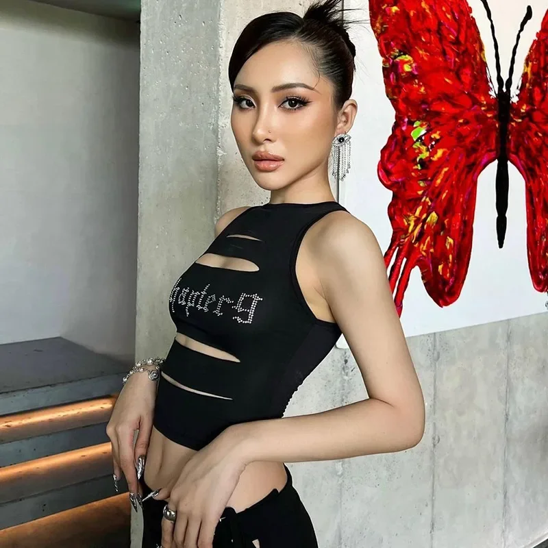 

New Edgy Clothes y2k Round Neck Tops Black Sleeveless Women Hollowed-out Slim Short Diamond-Ironing Tank Top Small Vest Crop Top