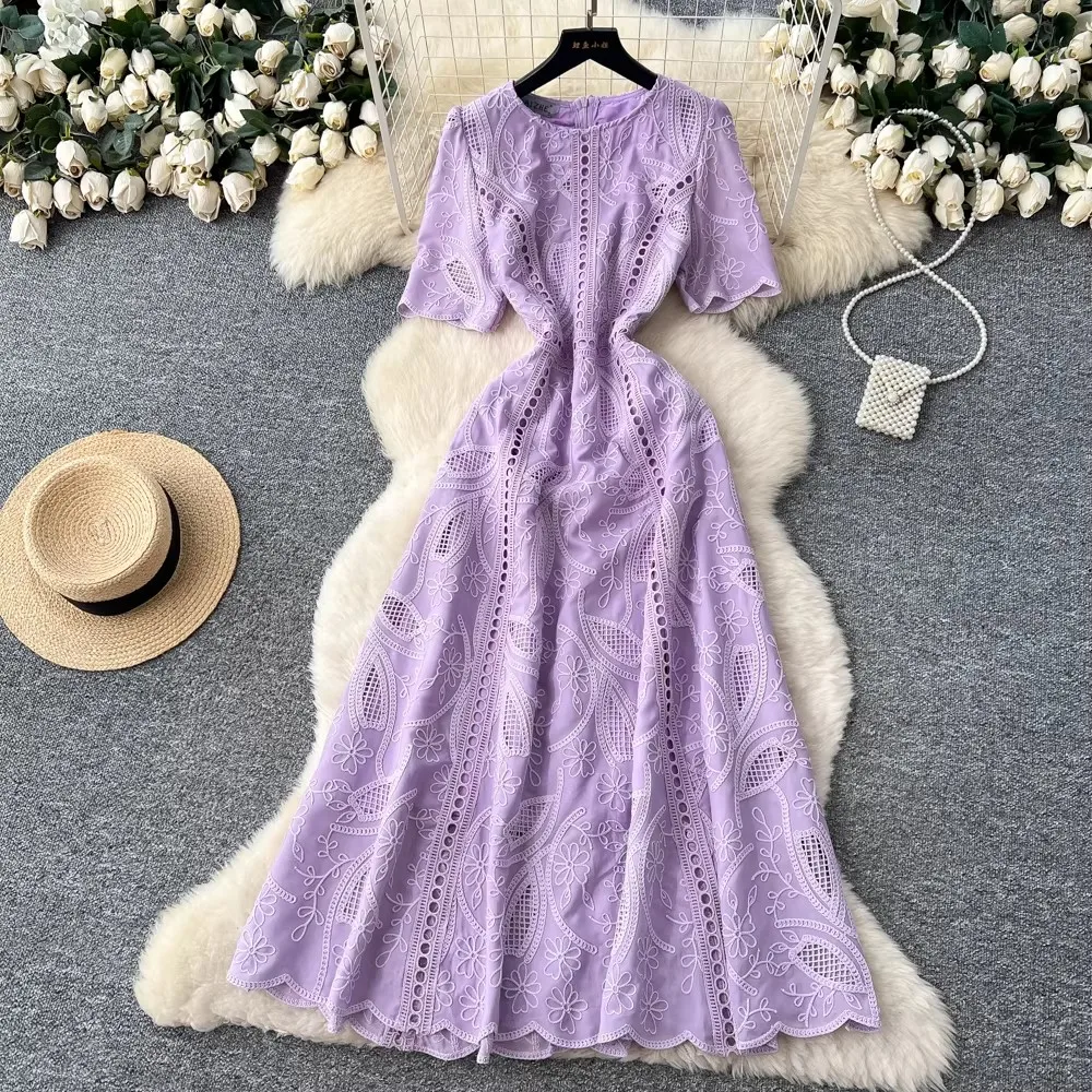 

Summer Formal Evening Dress Women Hollow Out Crochet Lace Embroidery Party Long Dresses Female Short Sleeve Midi Vestidos