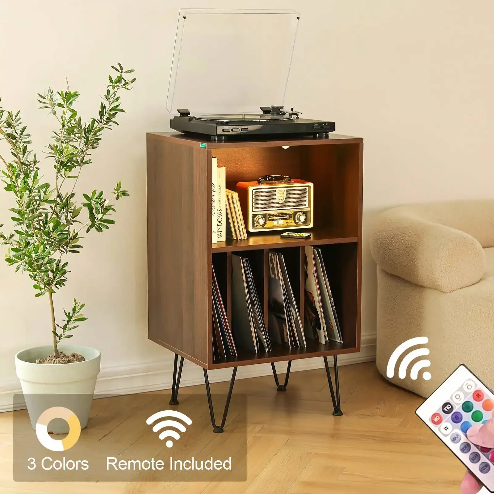 CD Rack Record Player Stand with LED Lights Record Storage Stand LED with Metal Hairpin Legs Record Table Player for Living Room