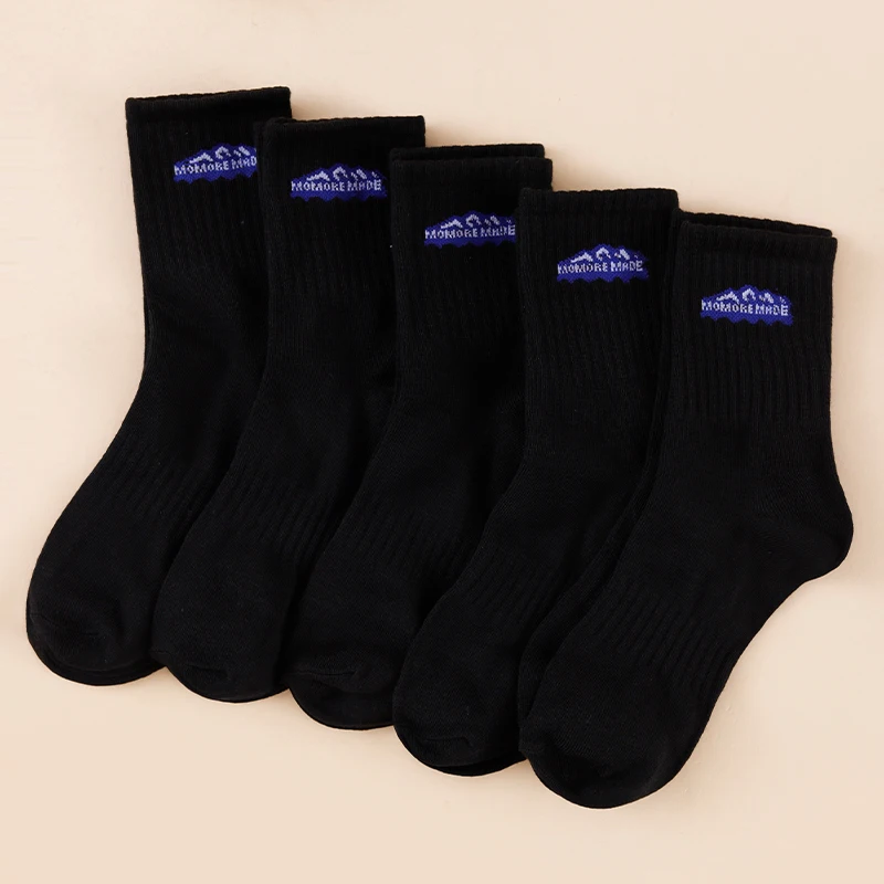 5-Pair Four Seasons Men's and Women's Fashionable Vertical Bar Versatile Casual Sweat Absorbing Black Letter Snow Mountain Socks