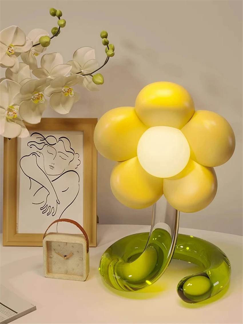 Nordic Colorful Flowers Acrylic Glass Table Lamp Children's Room Girl Bedroom Bedside Study Living Room Ornament Cute Gift Light