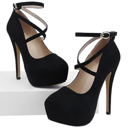Women Pumps Sexy Cross Strap Stripper Pole Dance High Heels 14cm Shallow Round Toe Platform Stiletto Elegant Party Wedding Shoes