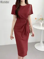 2023 ZANZEA Fashion O Neck Short Sleeve Split Hem Sundress Women Elegant Summer Midi Dress Robe Femme OL Work Vestido Kaftan