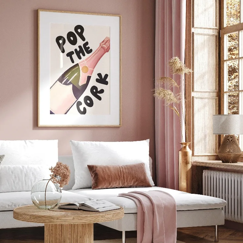 Pink Champagne Martini Bar Cart Wall Art Print Trendy Retro Woman Funny Quote for Christmas Holiday Cocktail Party Happy Hour