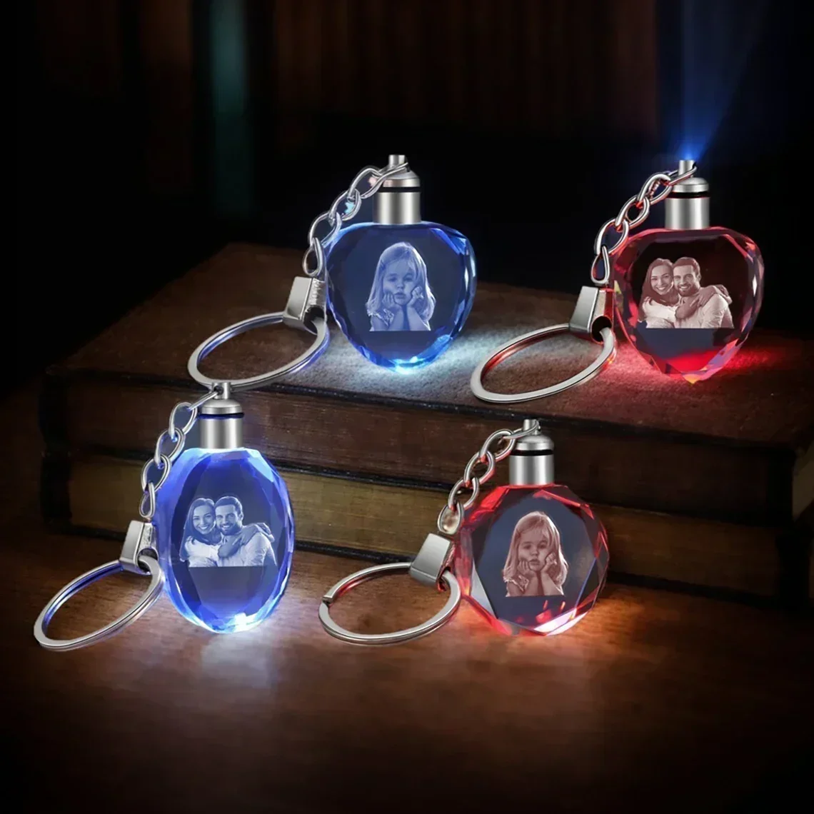 Free Customized Crystal Keyring with LED Light inside Engrave any Design Crystal Key Custom Logo Family Photo DIY Birthday Gifts