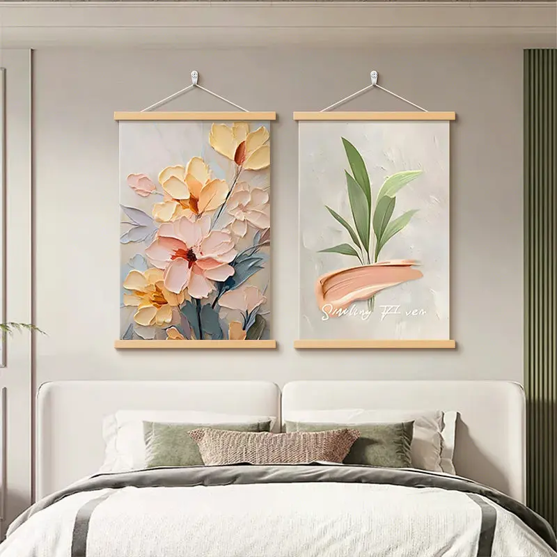 Wall Art Cream Pastel Floral Textured Pearlescent Canvas Hanging Scroll with Wooden Rods for Bedroom Dining Room Decor
