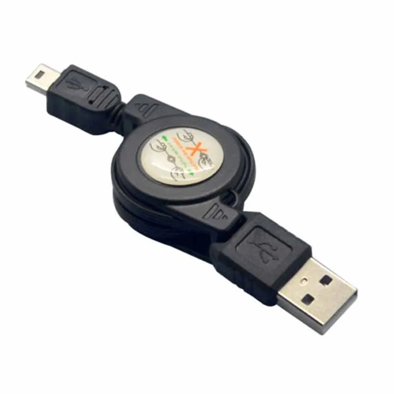 Black Retractable USB A Male To Mini USB B 5-Pin Charging Sync Data Cable