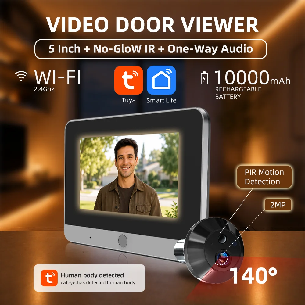 Tuya Smart 5Inch 10000mAh Battery Event Continuous Silent Recording Peephole Door Eye Camera with 940nm Invisible Night Vision