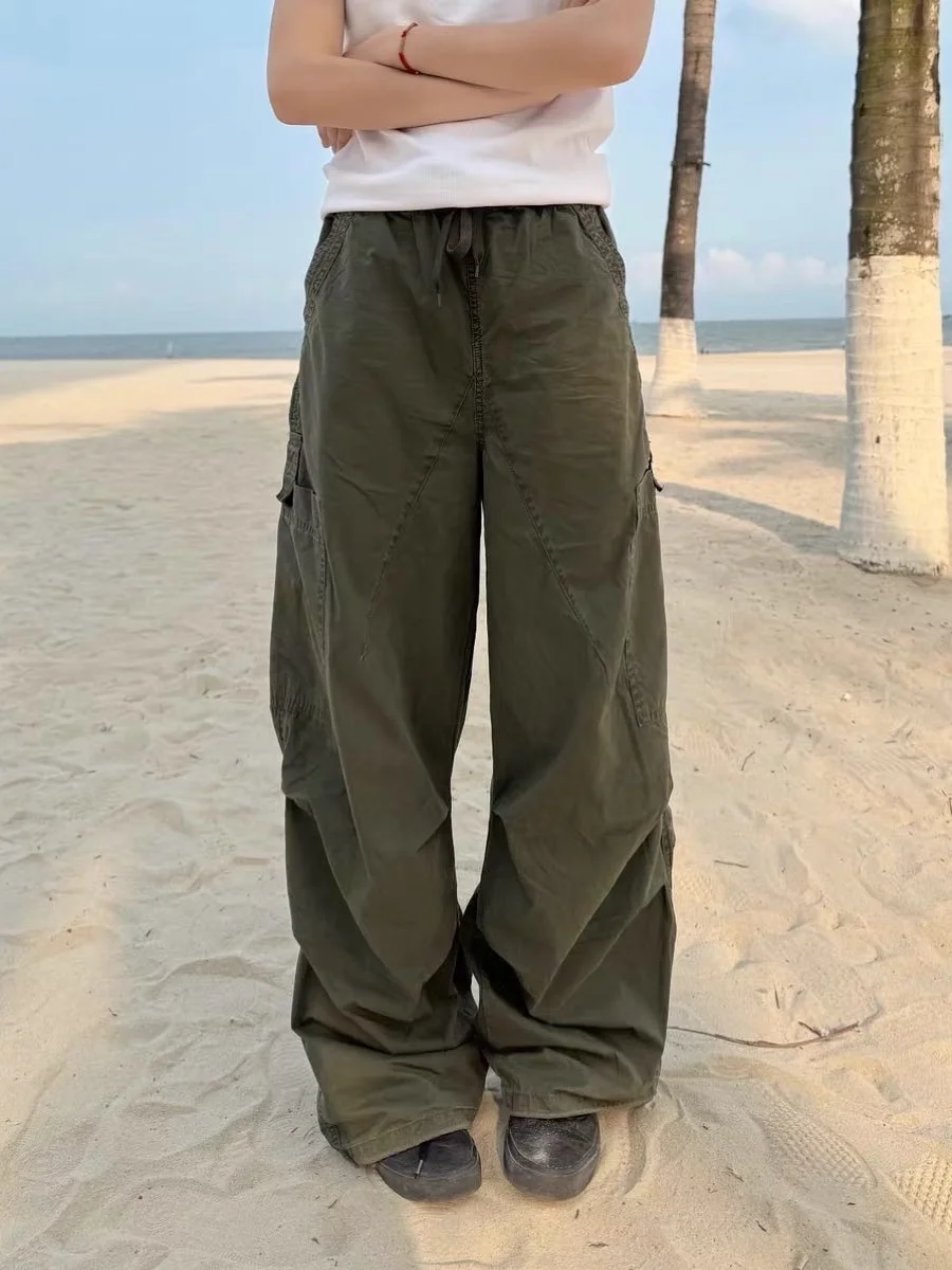 アメリカンレトロストリートソルジャーワークパンツメンズレディースパッチワークプリーツストレートルーズカジュアル多用途ワイドレッグロングパンツ