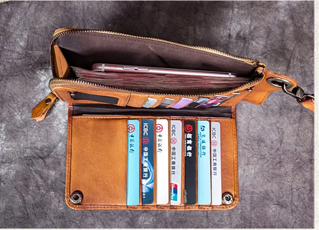 Retro handmade Leather Men\'s wallet men first layer cowhide card holder long wallets male zipper purses simple thin 2020 new